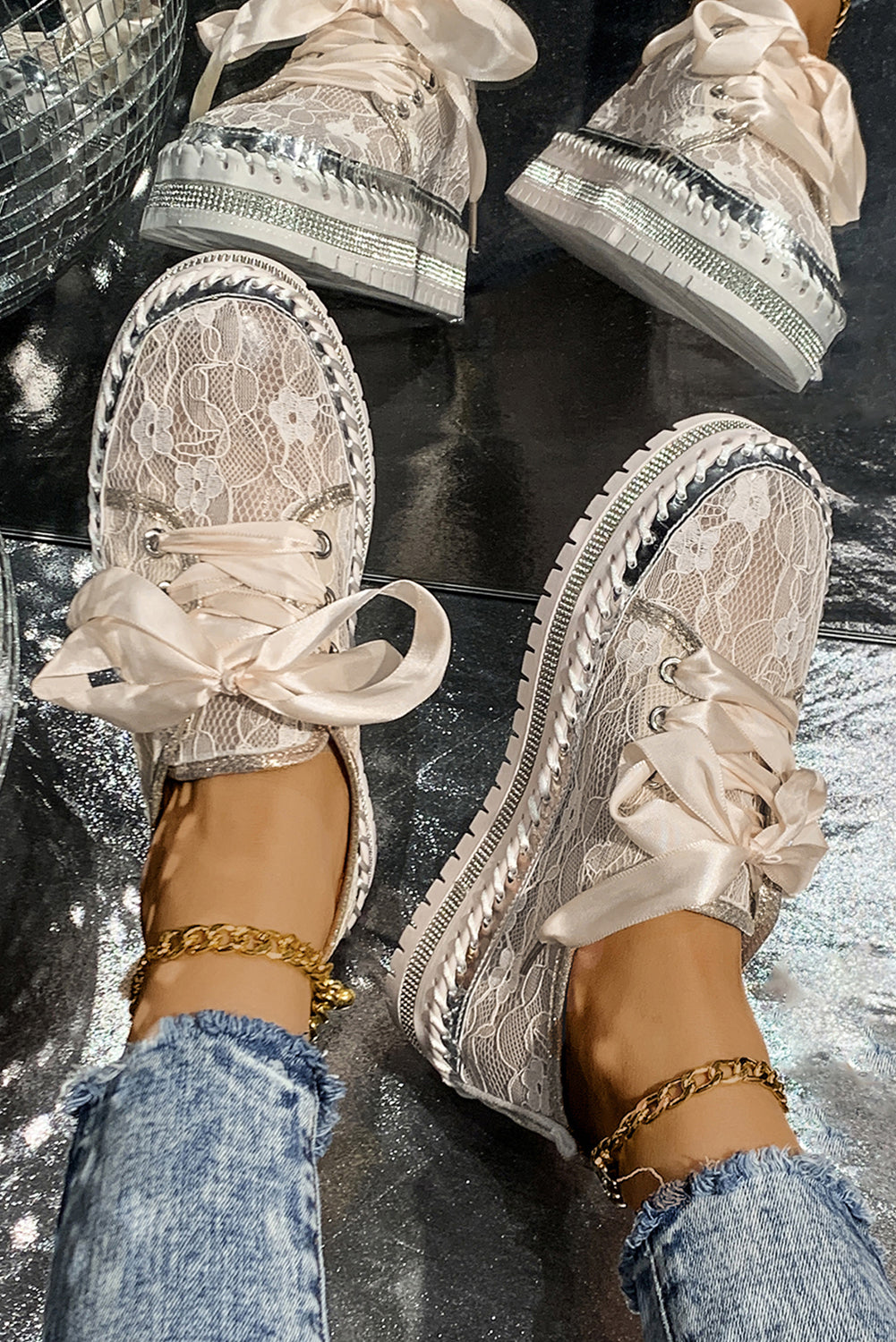 Ribbon Tie Stitch Detail Lace Flat Shoes
