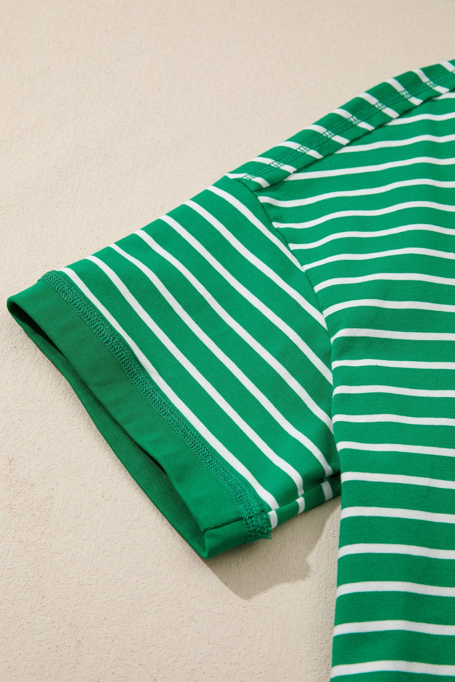 Rib-Knit Patchwork Stripe Patchwork Seam Detail Half Sleeve Tee in Green