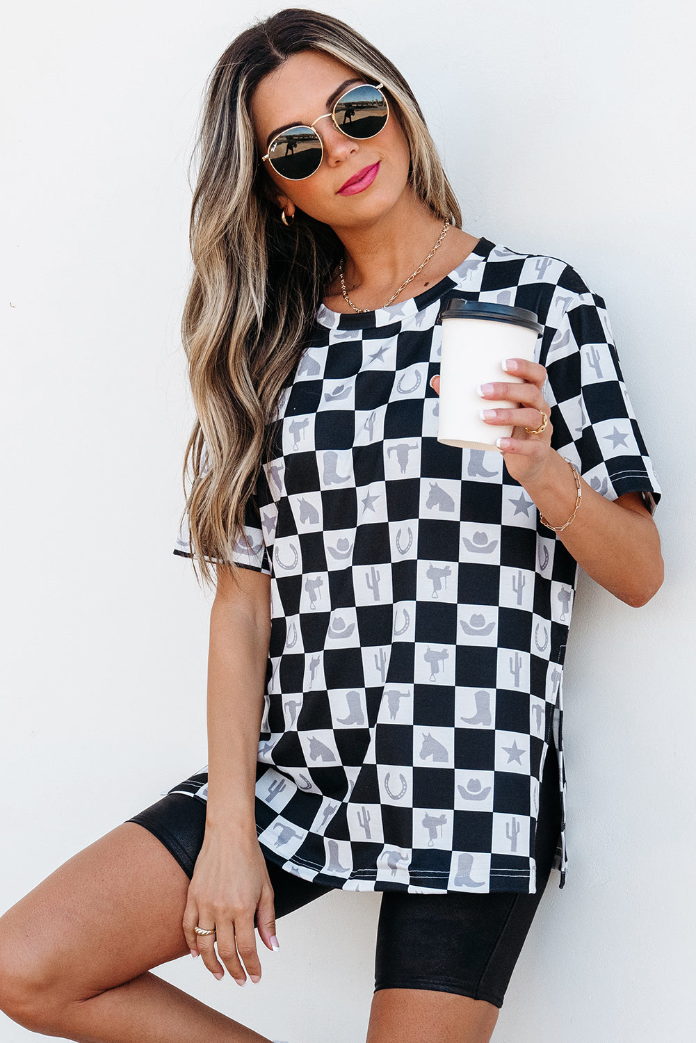 Black Western Checkerboard Print Side Split T Shirt