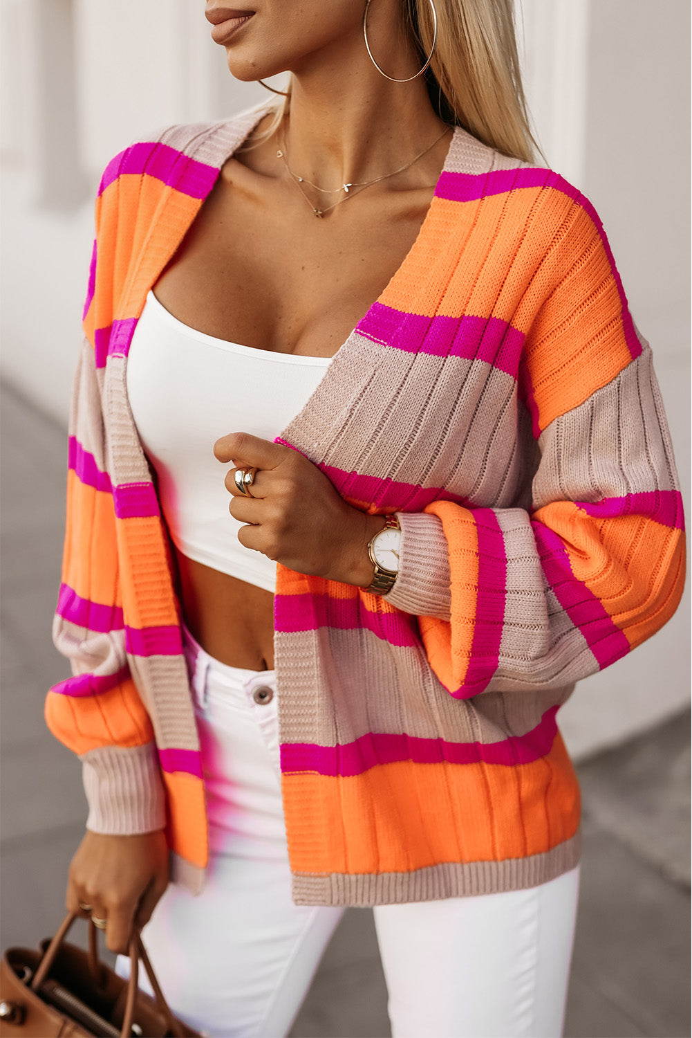 Cardigan ample rayé orange à épaules tombantes et color block