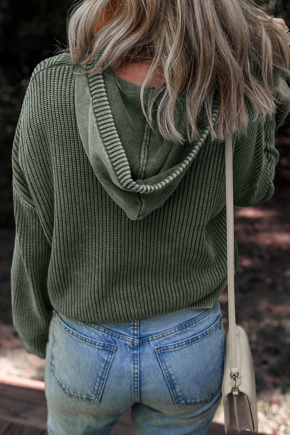 Mineral Wash Rib-Knit Knit Button Drawcord Neck Hooded Knit Top