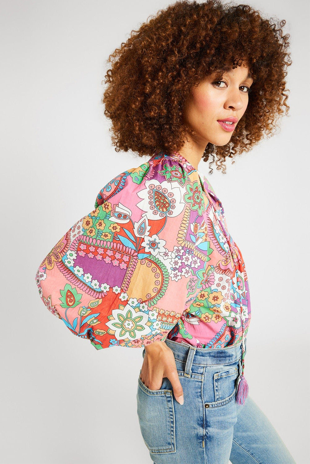 Floral Bubble Boho Bubble Sleeve Tassel Tied Neck Pleated Blouse