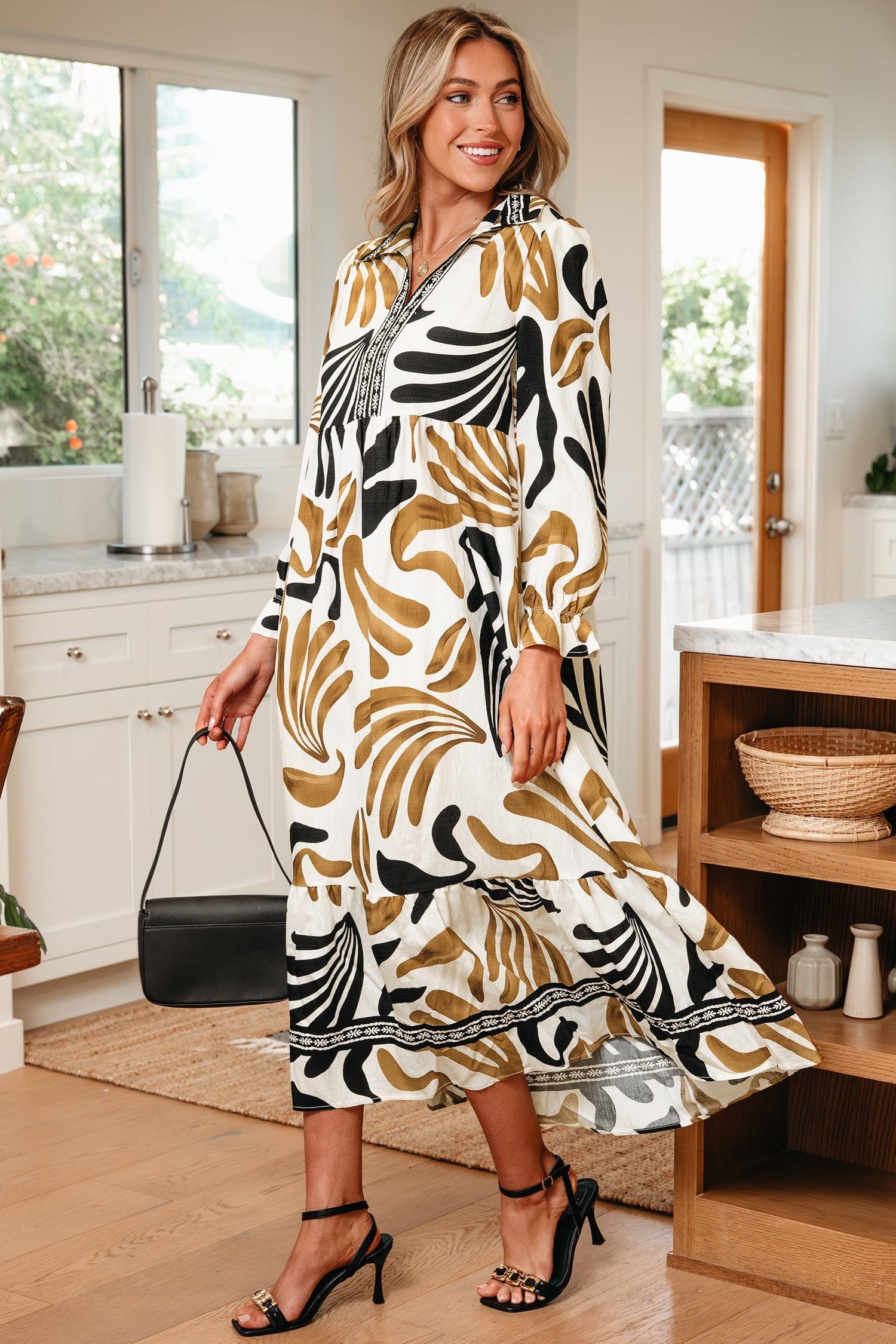 Printed Contrast Tropical Contrast Trim Neck Long-Sleeved Ruffle Hem Dress