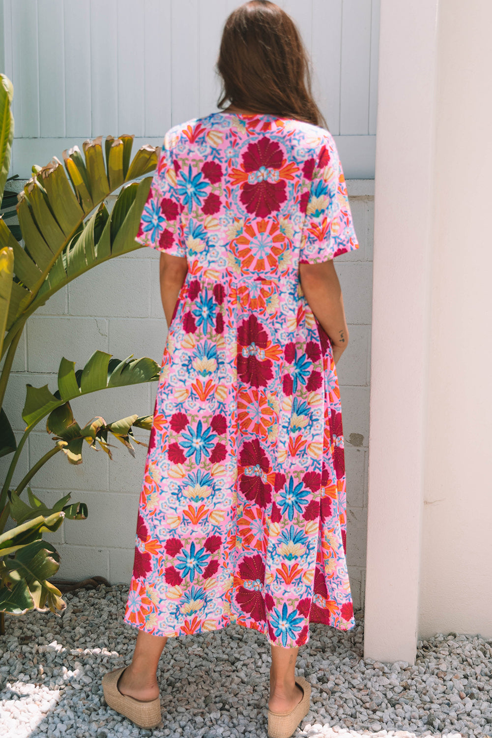 Floral Tied Front High-Waisted Short-Sleeved Loose Long Dress