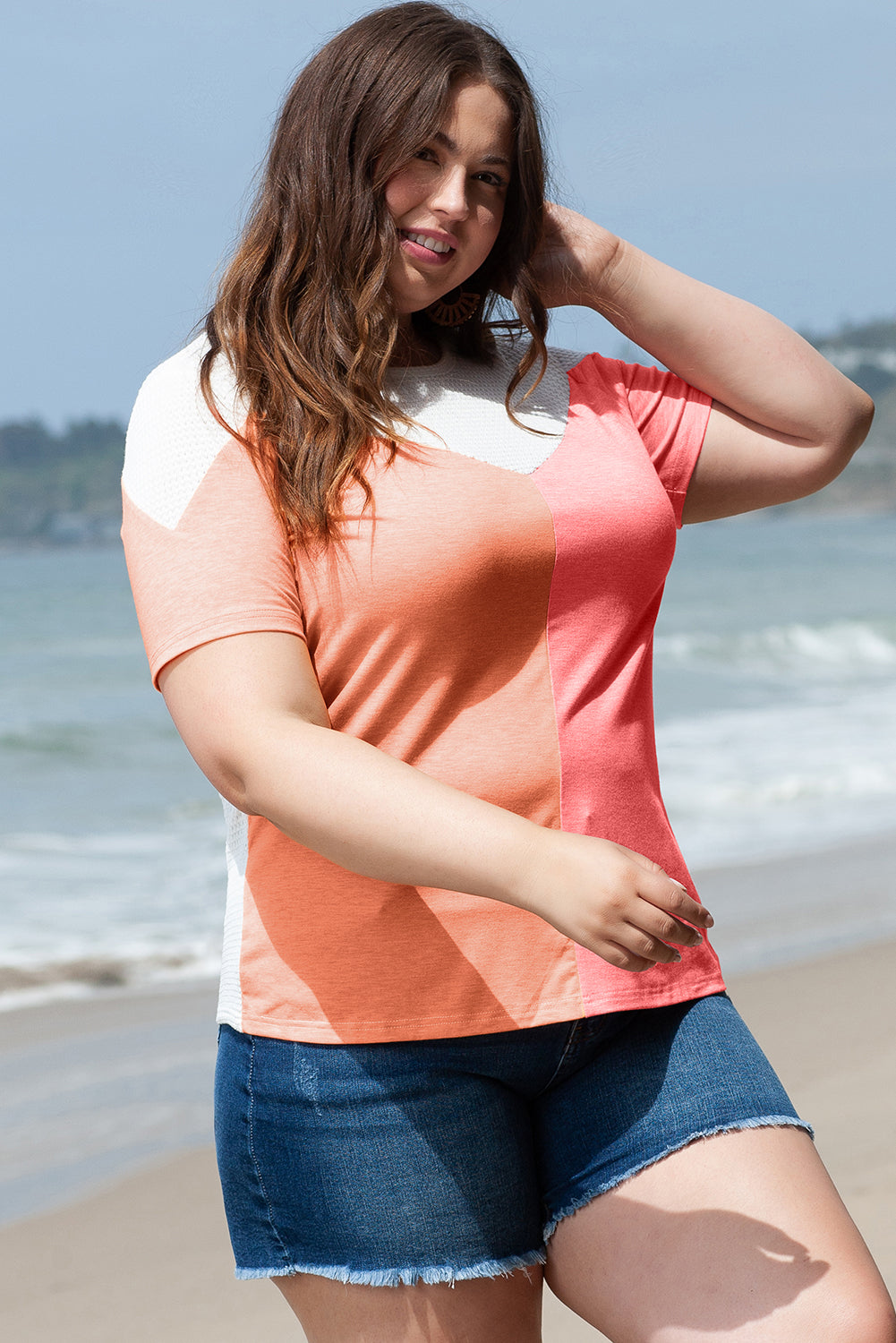 T-shirt en tricot gaufré color block de grande taille