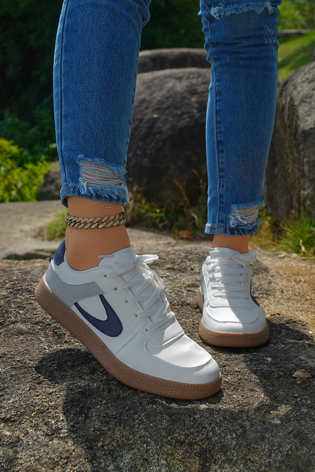 Color Contrast PU Leather Lace-up Sneakers Style