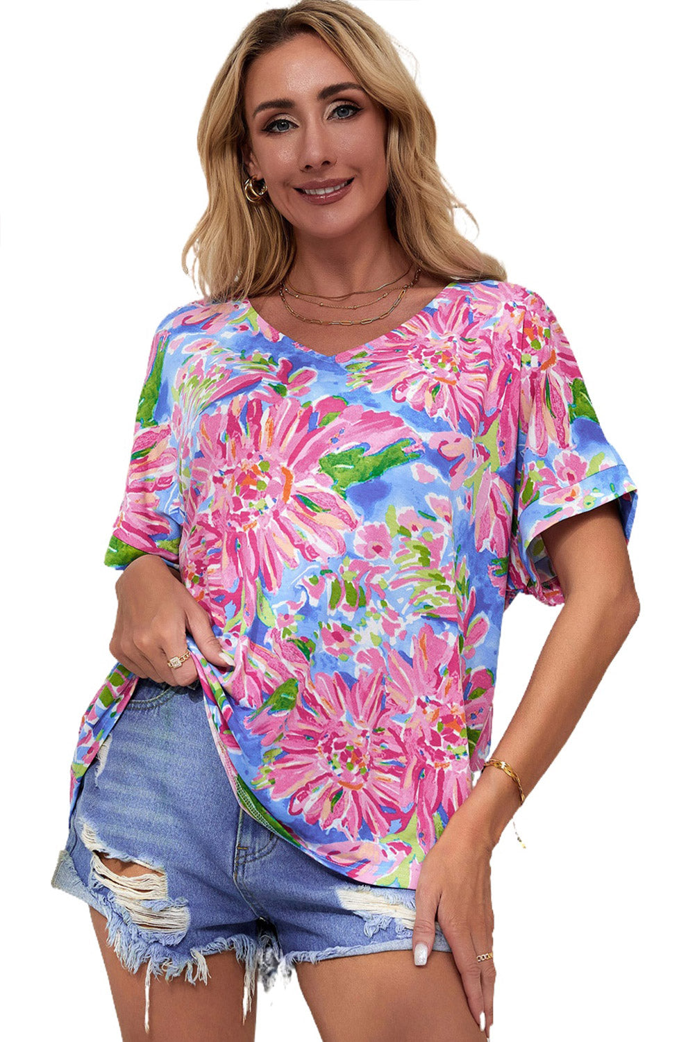 Women's Pink Floral-Print Print V Neck T Shirt