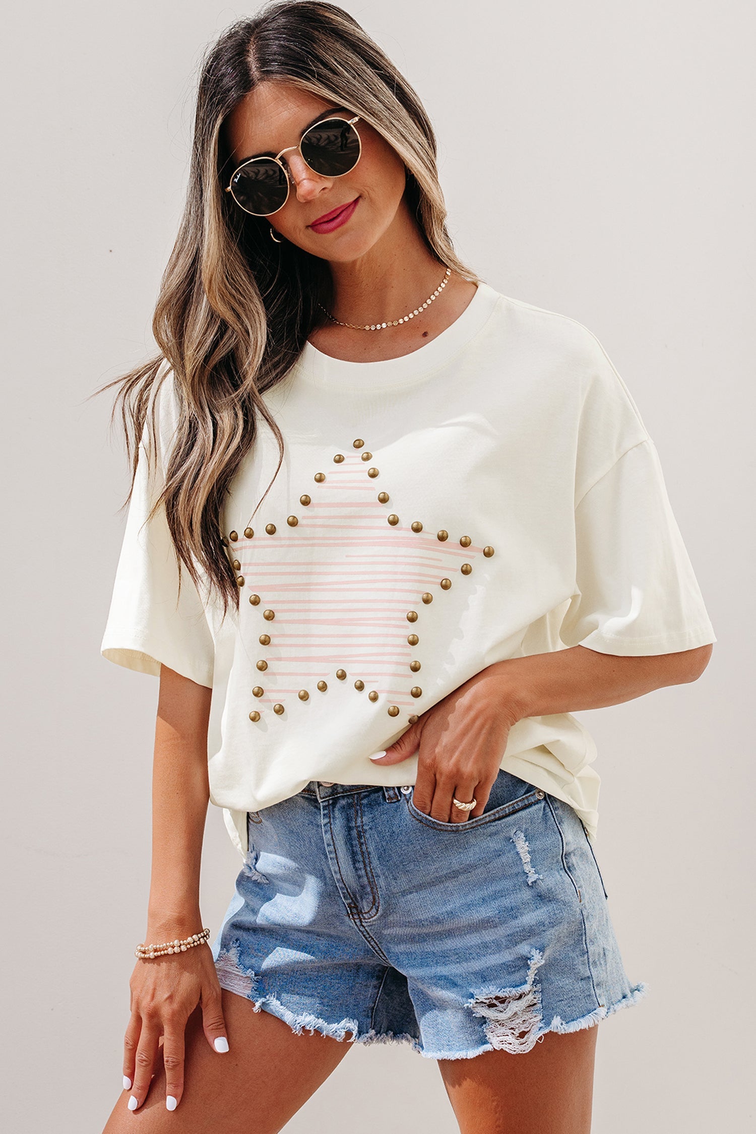 Cute Print Beige Star Stud Detail Cotton Jersey Top