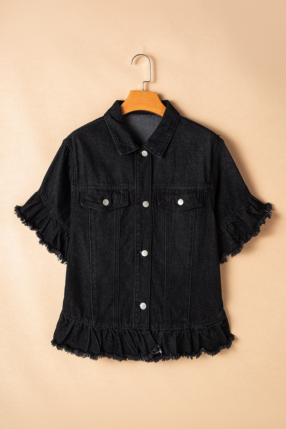 Ruffled Raw Edge Short-Sleeved Denim Jacket in Black