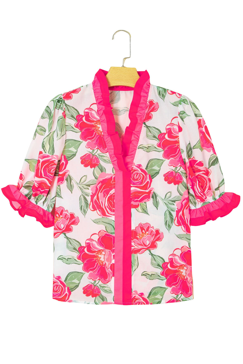 Frilled V-Neck Floral V-Neck Short-Sleeved Blouse Top