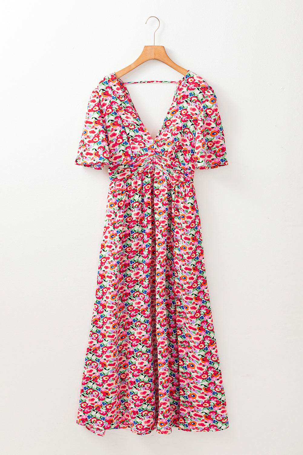 Red Floral Deep V Neck Cutout Back Split Maxi Dress