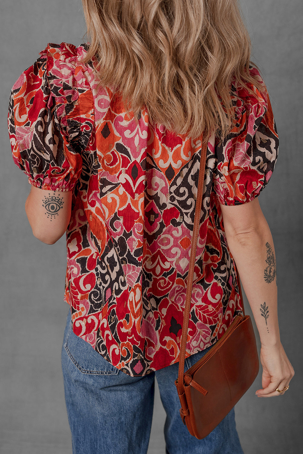 Split Ethnic Print Neck Short Puff Sleeve Blouse