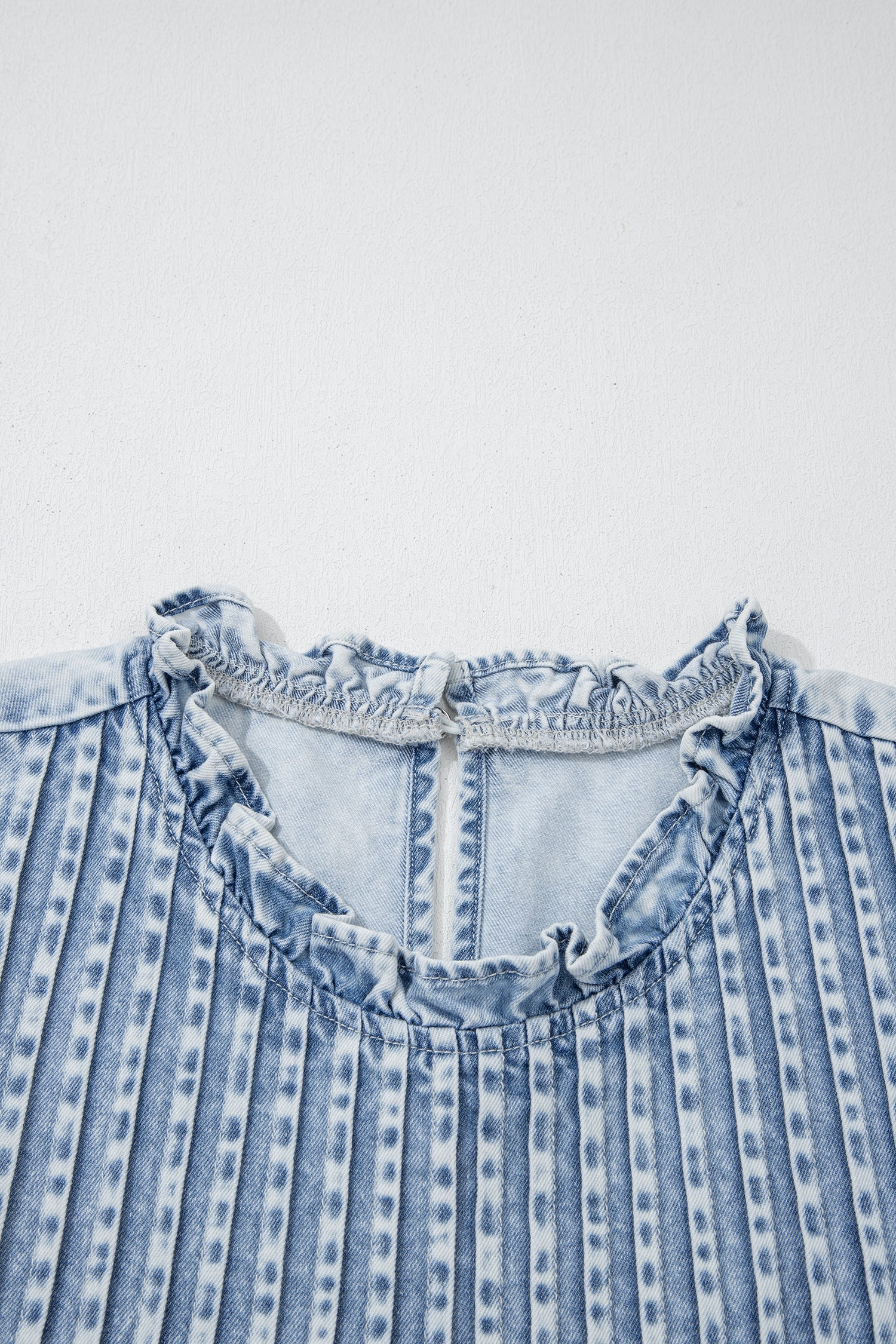 Detail Ruffle Pleated Retro Washed Denim Top in Beau Blue