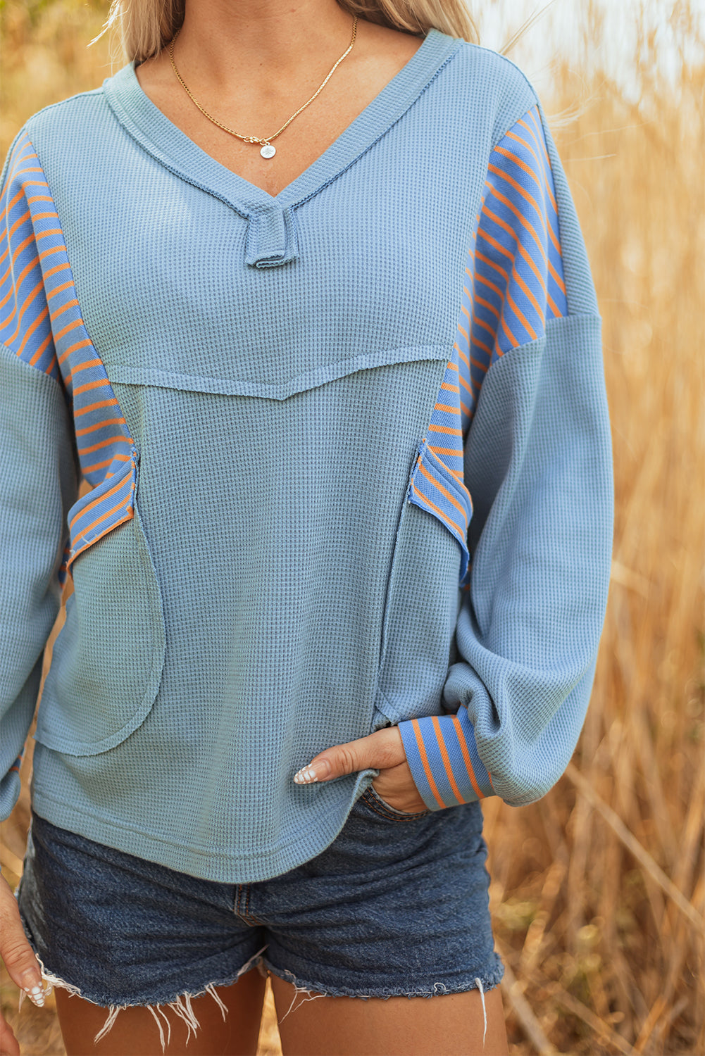 Seam Waffle Exposed Waffle Striped Patchwork Baggy Pullover in Blue