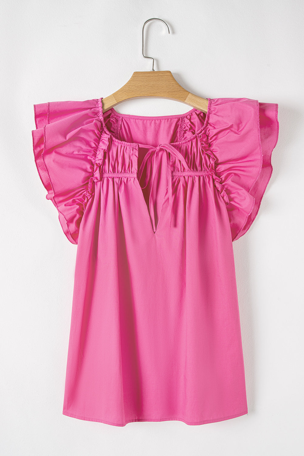 Pink Shirred Yoke Lace up V Neck Ruffled Sleeve Blouse