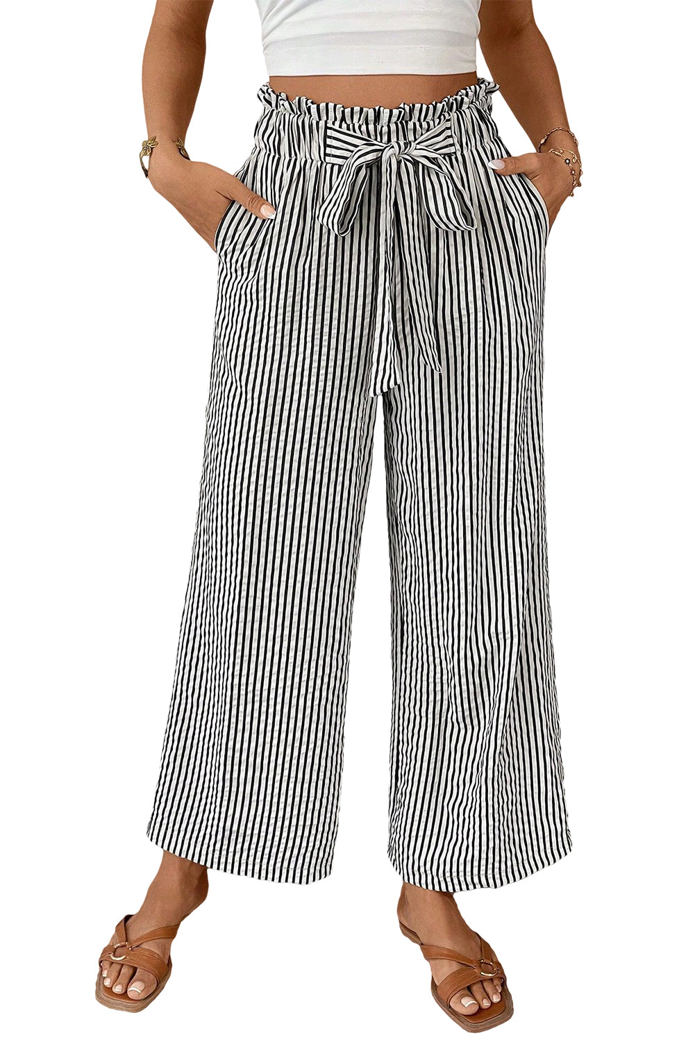 High-Waisted Stripe Tied Loose Straight Everyday Pants in Black