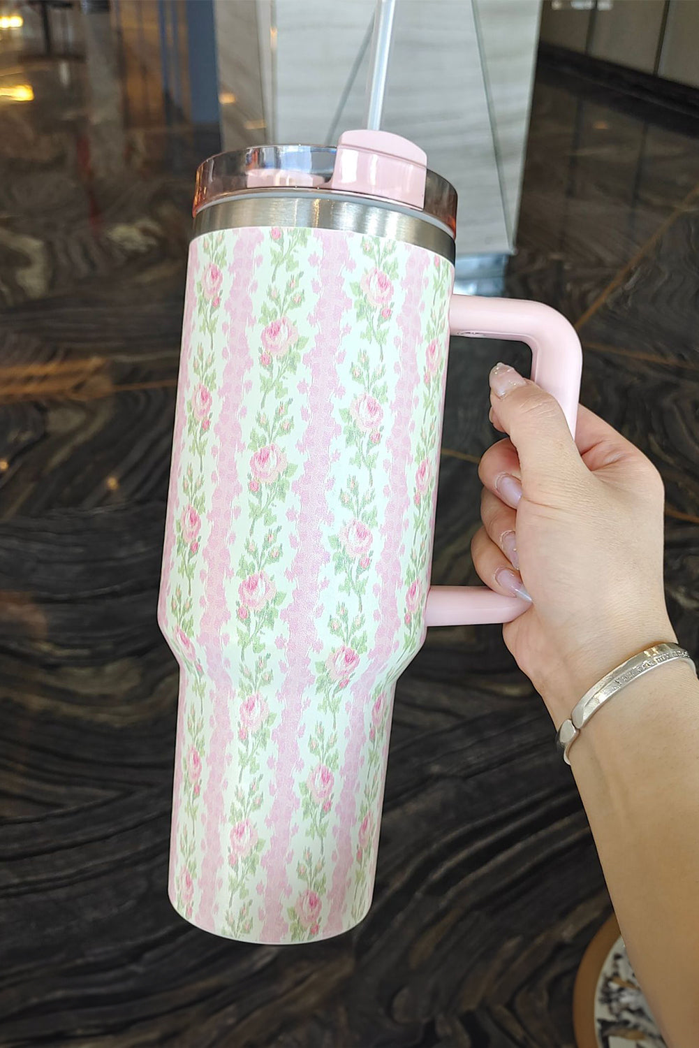Print Large Flower Large Insulated Tumbler with Handle 40oz