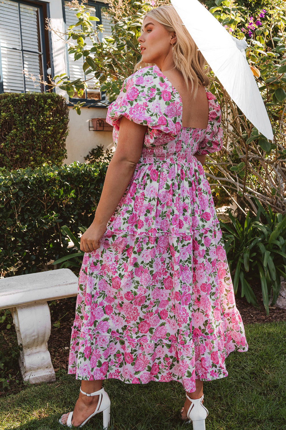 Robe Smockée à Manches Bouffantes et Imprimé Floral de Grande Taille