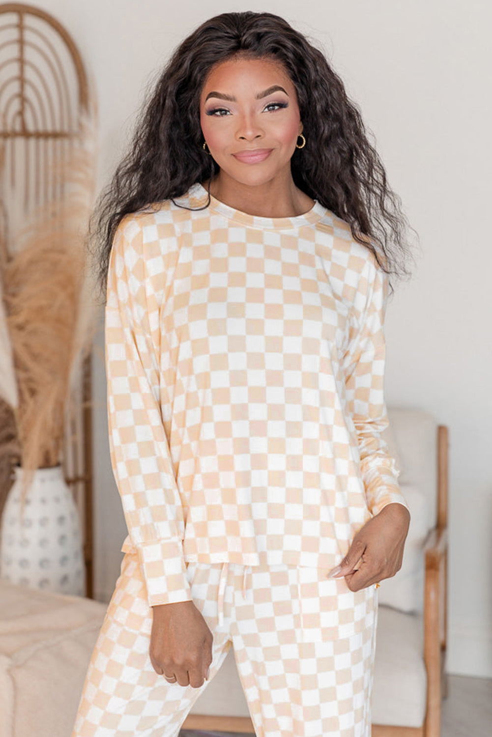 Checkered Print Long-Sleeved Top and Pants Lounge Set