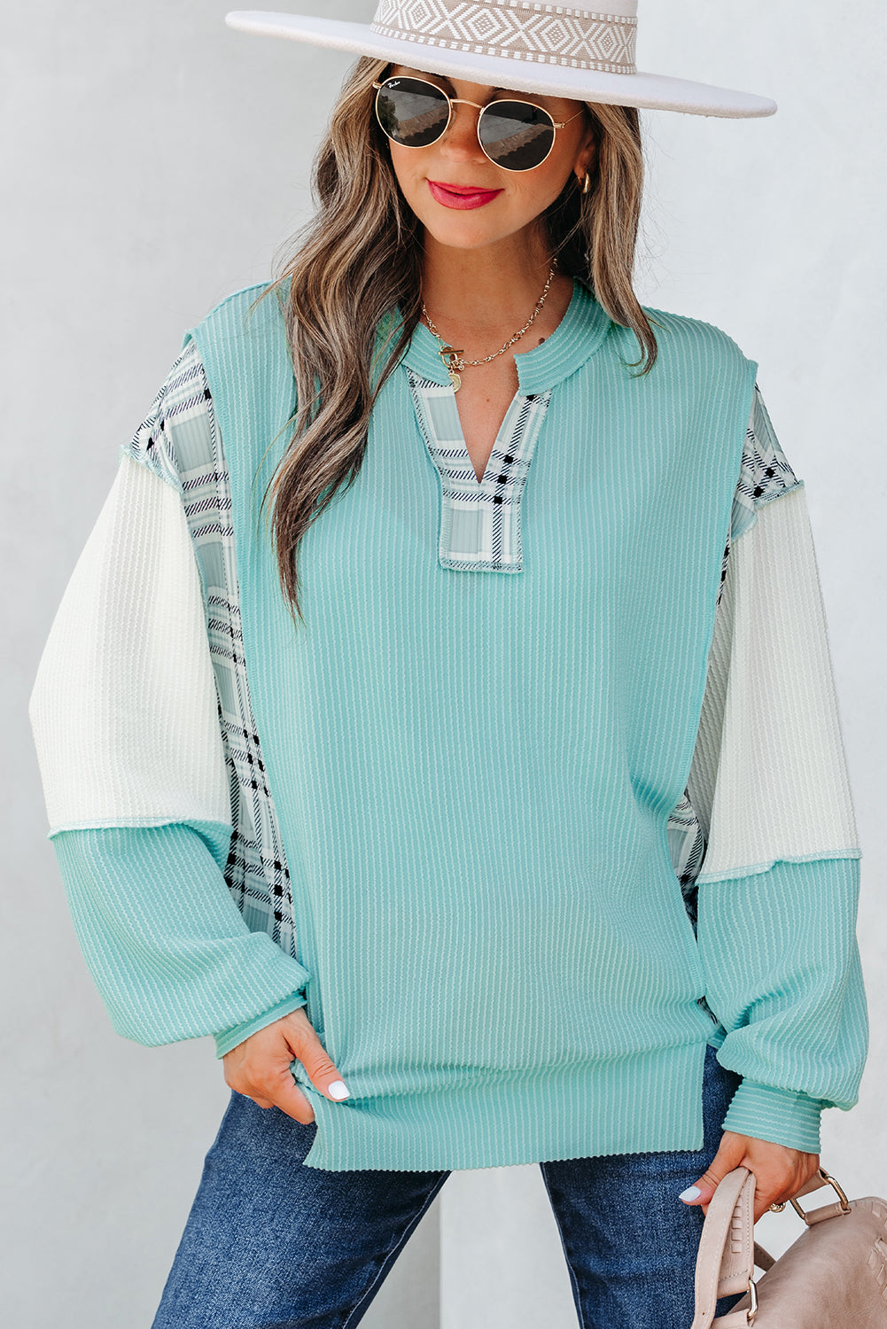 Aruba Blue Colorblock Patchwork Split Neck Long-Sleeved Top