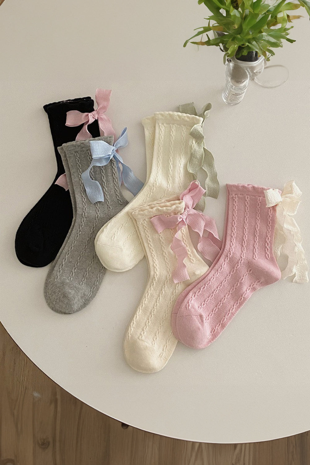 5 Pairs Contrast Ribbon Bow Decor Textured Knit Socks