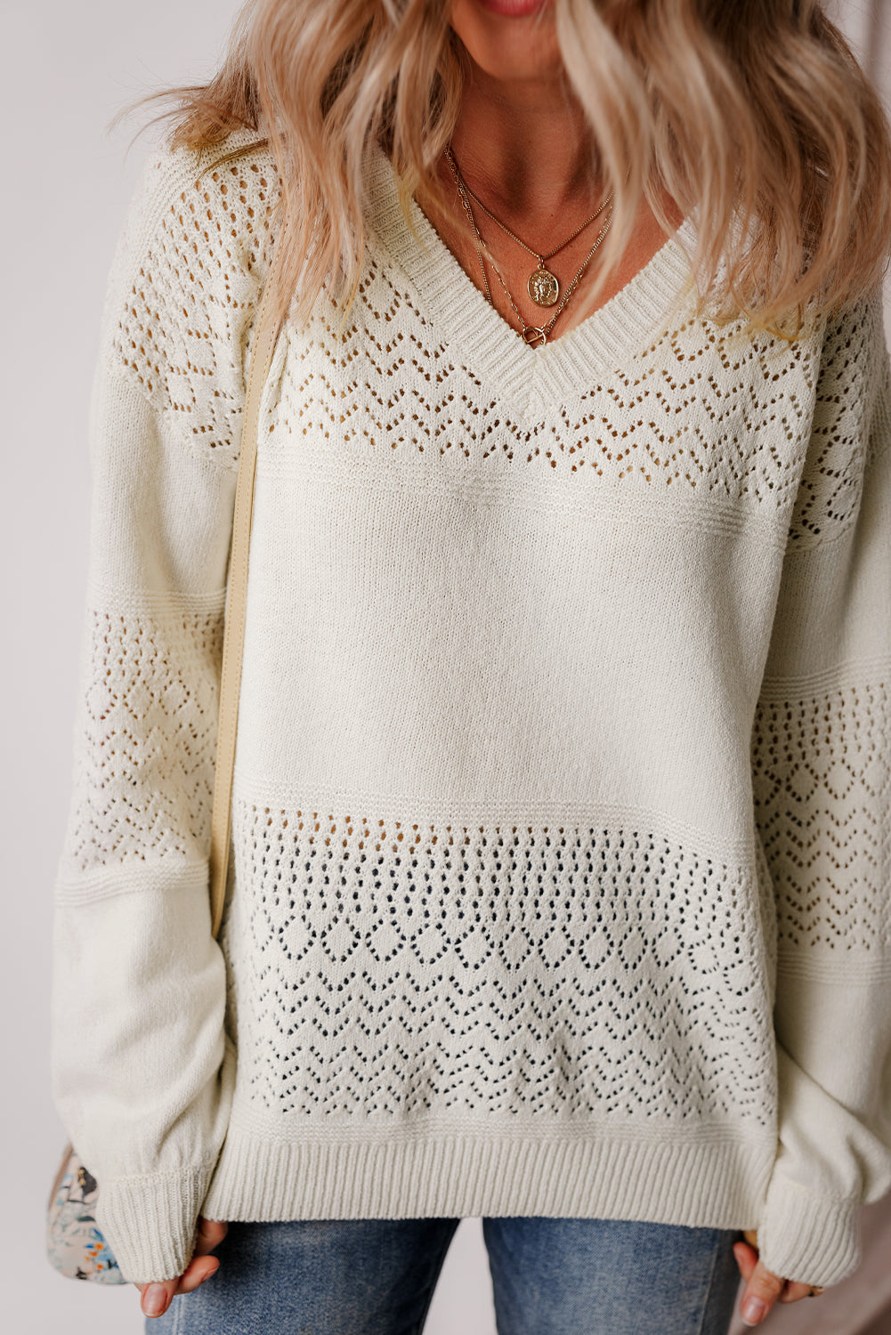 White Eyelet Pattern Detail V Neck Sweater
