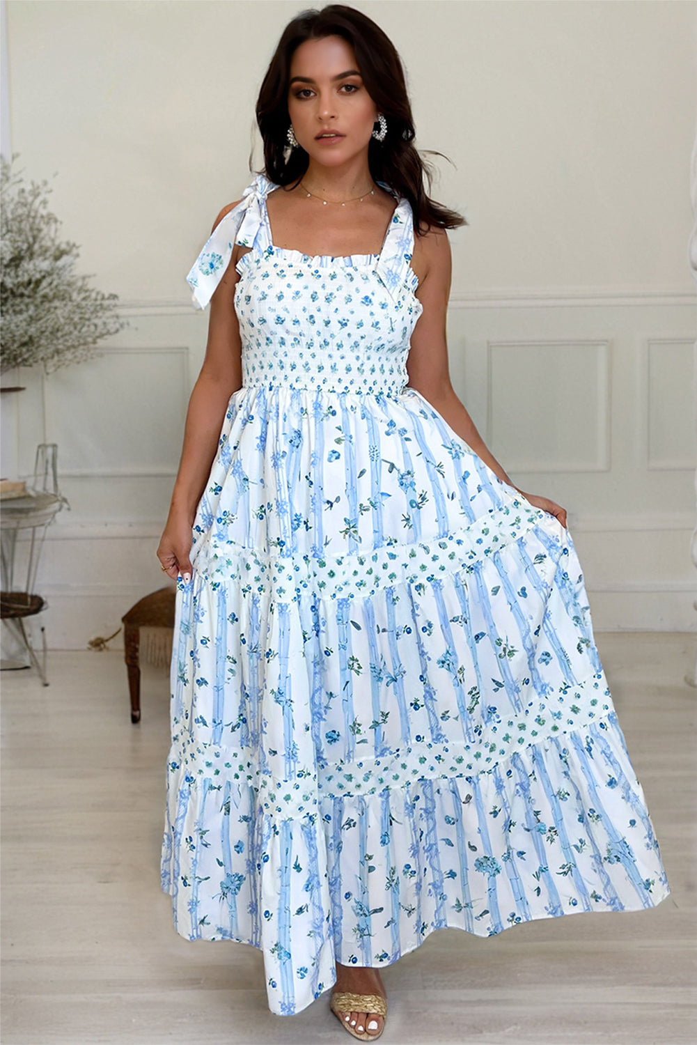 Smocked Tied Floral Tied Straps A-Lined Tiered Maxi Dress