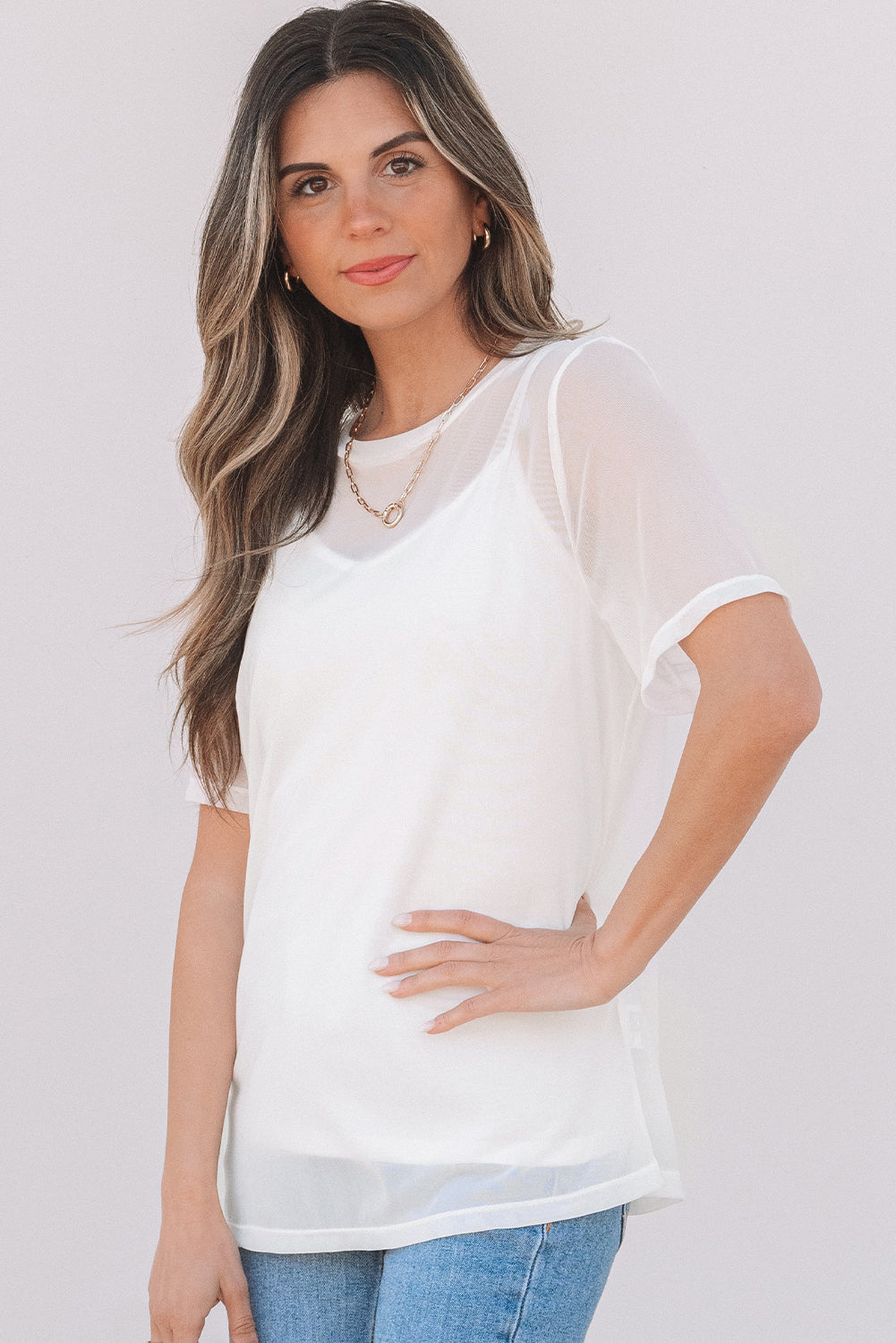 White Sheer Mesh Patchwork Short Sleeve Top