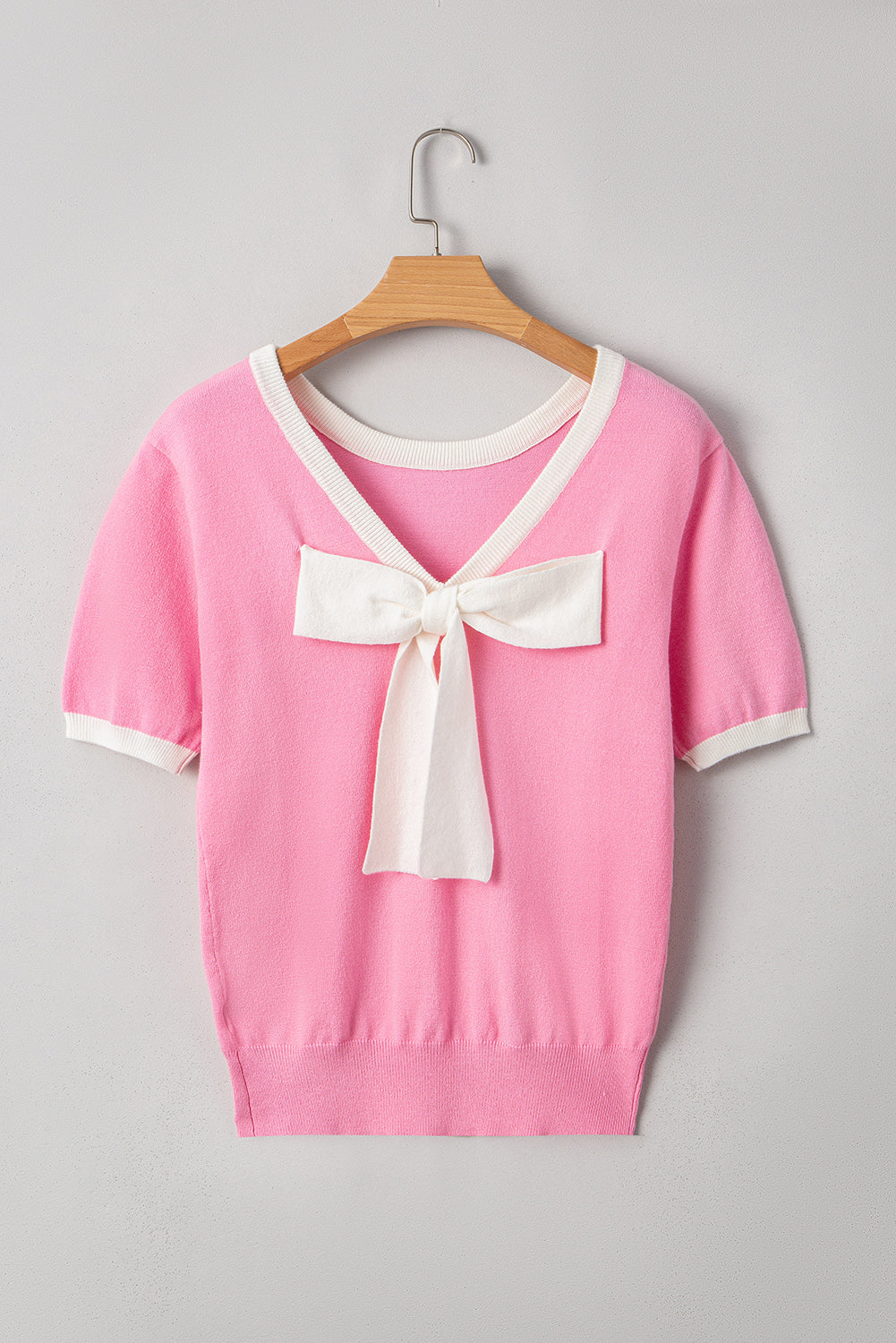 Pink Colorblock Bow V-Shape Cut Back Short Sleeve Sweater