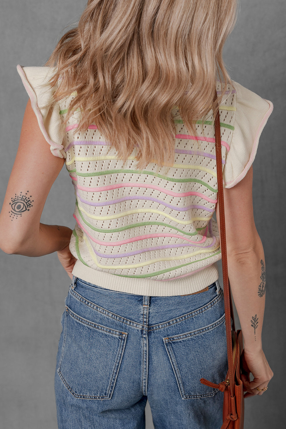 Colorful Striped Eyelet Knit Ruffled Sleeve Sweater T Shirt