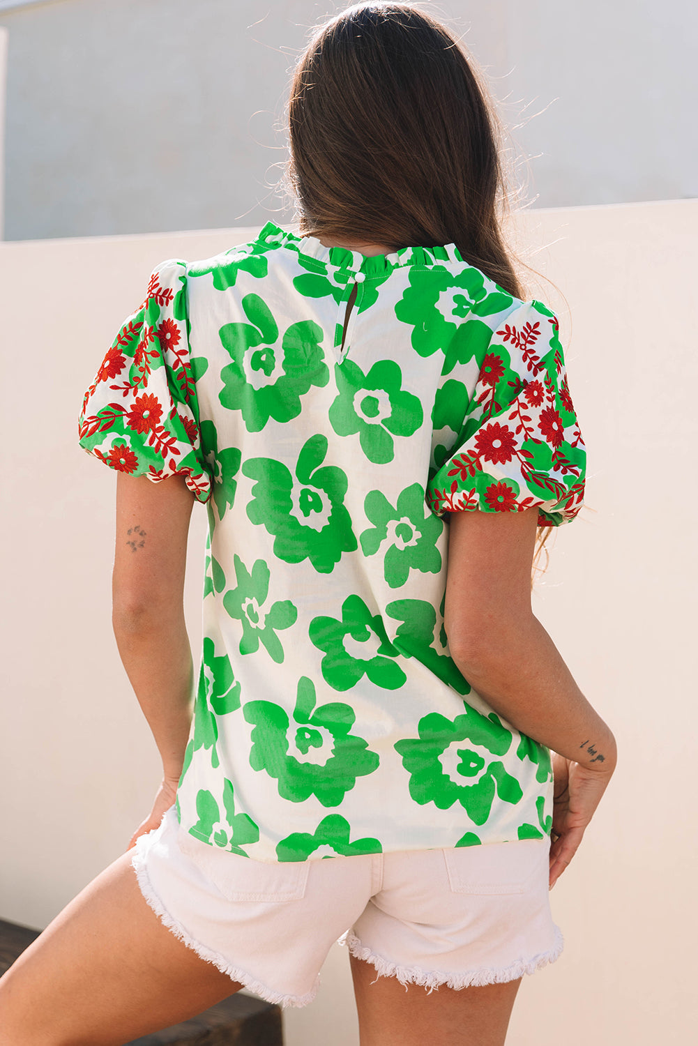 Green Contrast Embroidered Floral Blouse