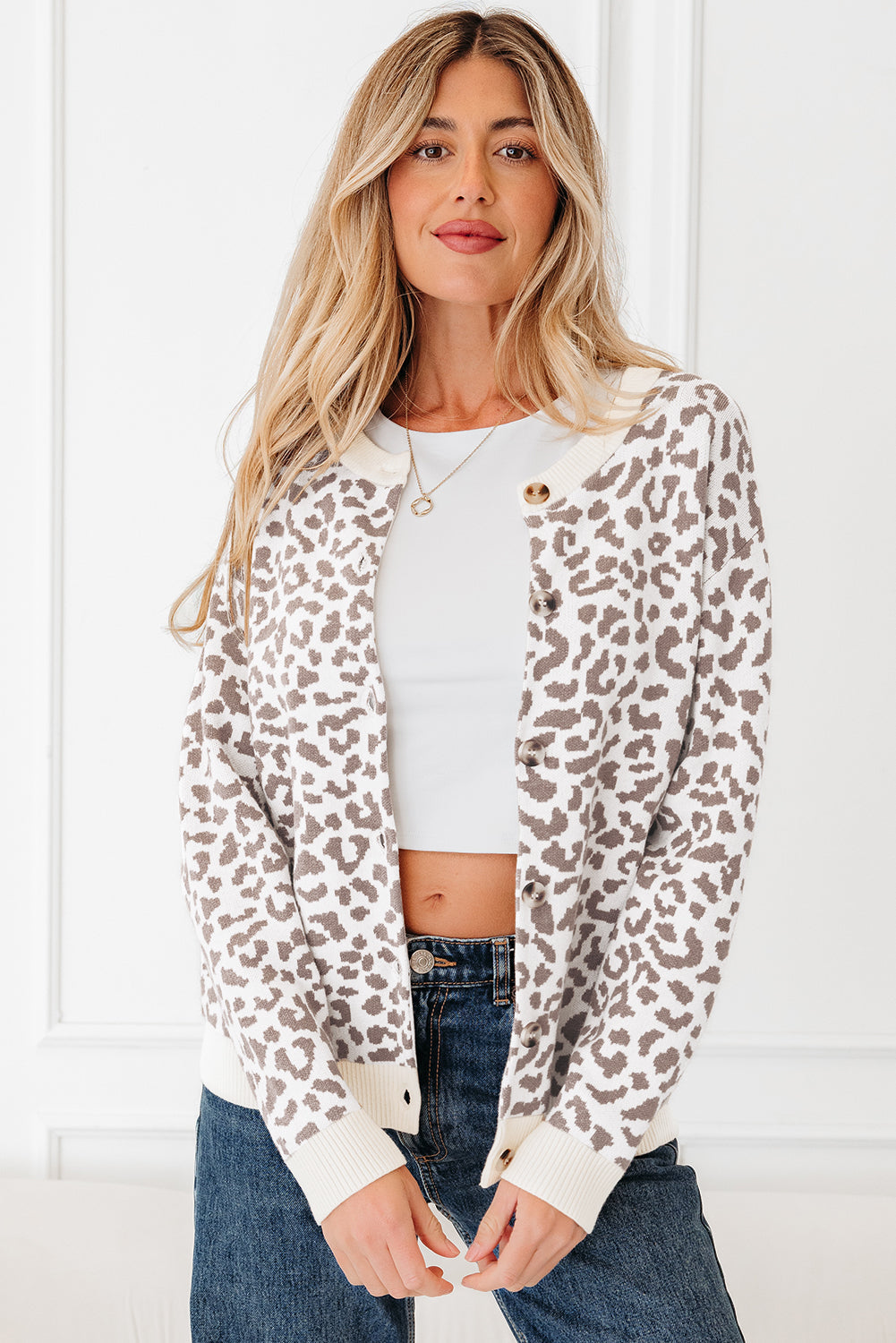 Chunky Leopard Drop-Shoulder Knit Cardigan Knit Top