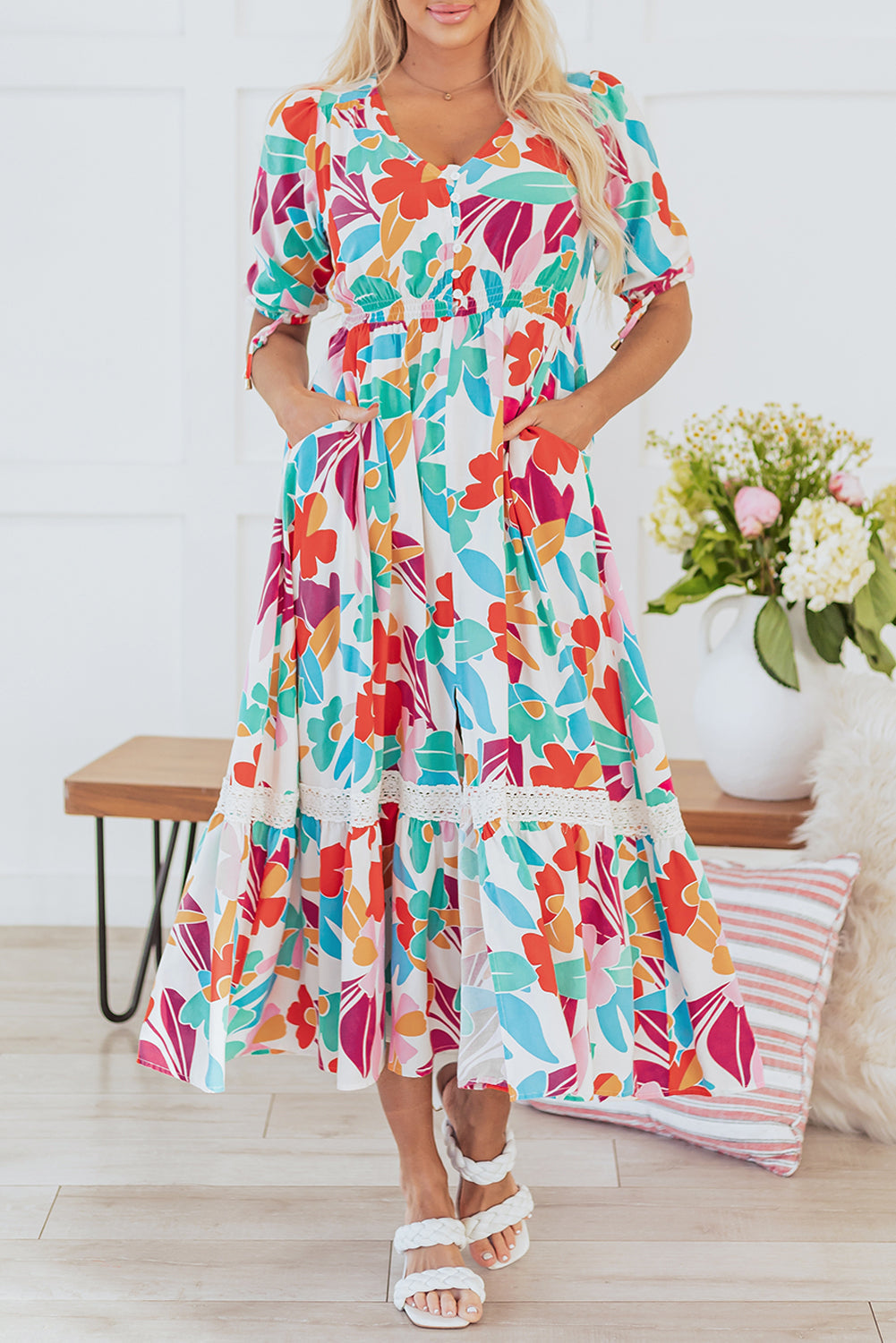 Floral Knot Buttoned Front Split Lace Maxi Dress