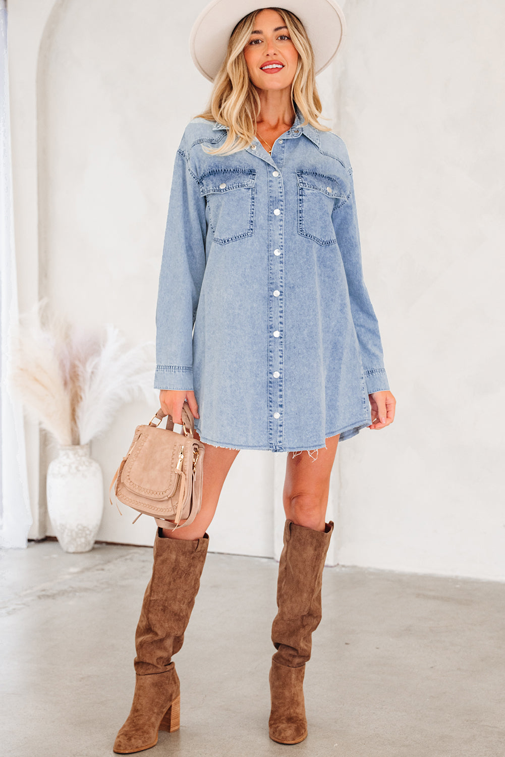 Chest Hem Pocket Raw Denim Loose Shirt Dress