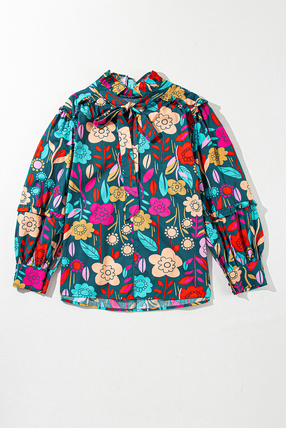 Women's Blouse Featuring Knot-Detail Split Neck Balloon Sleeve Floral-Print