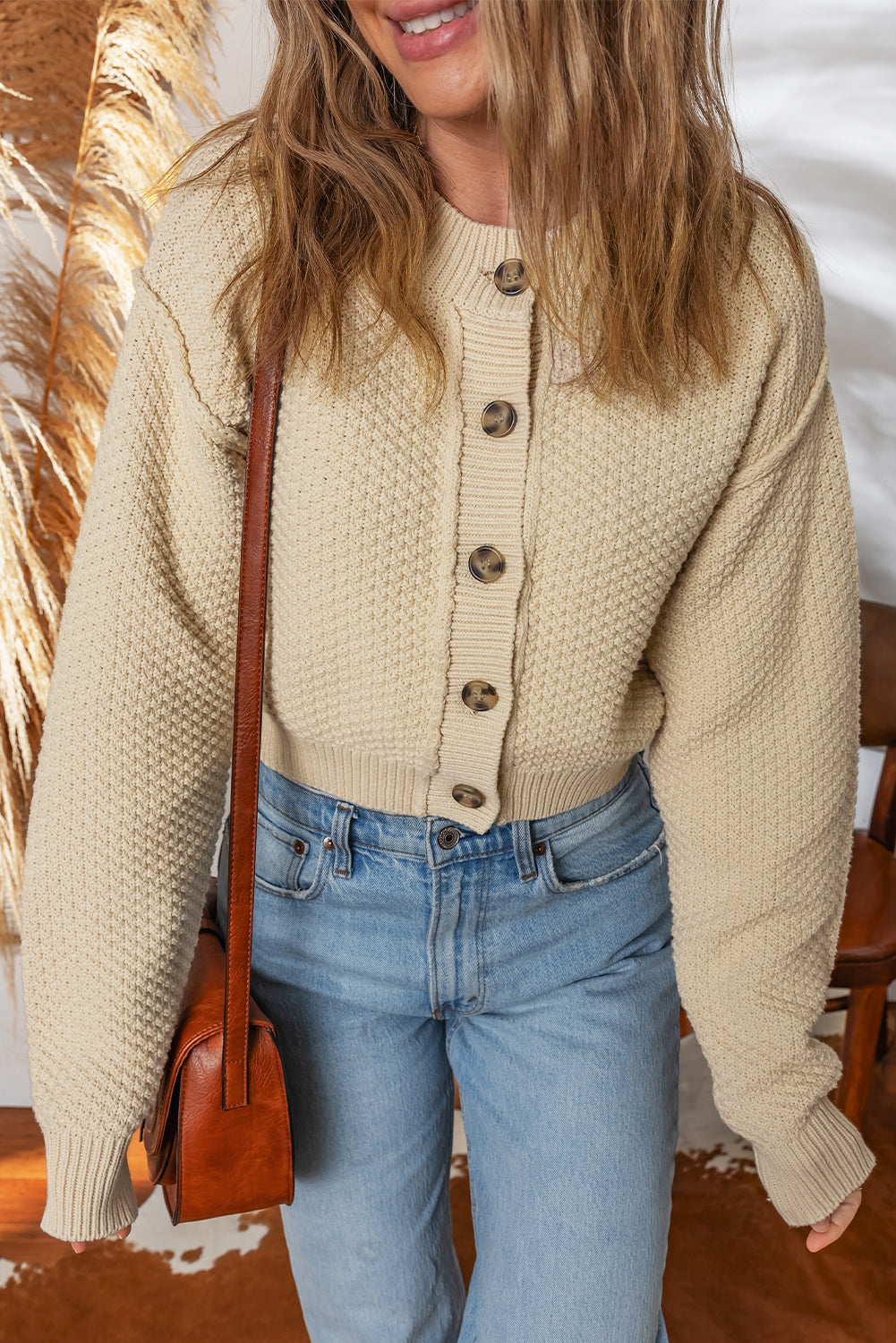 Front Cropped Button Cropped Cardigan Knit Top