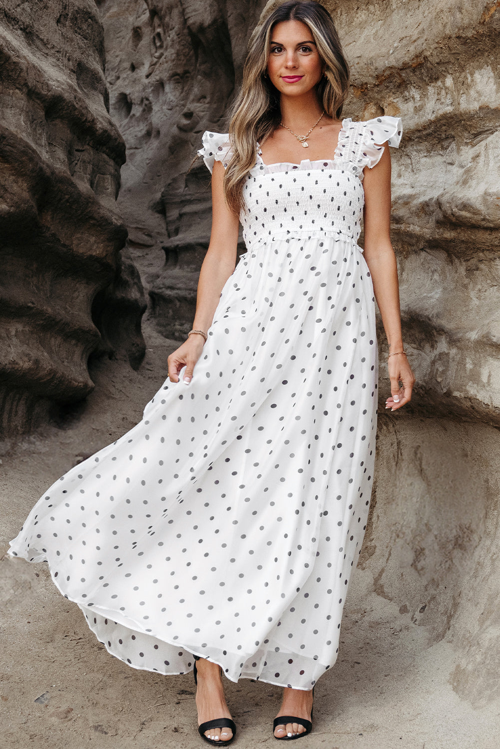 White Polka Dot Square Neck Smocked Maxi Dress