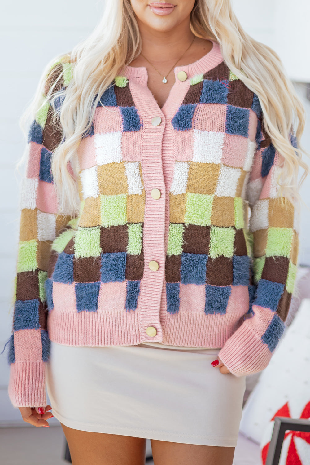 Plush Button Checkered Pattern Front Cardigan Knit Top in Multicolour