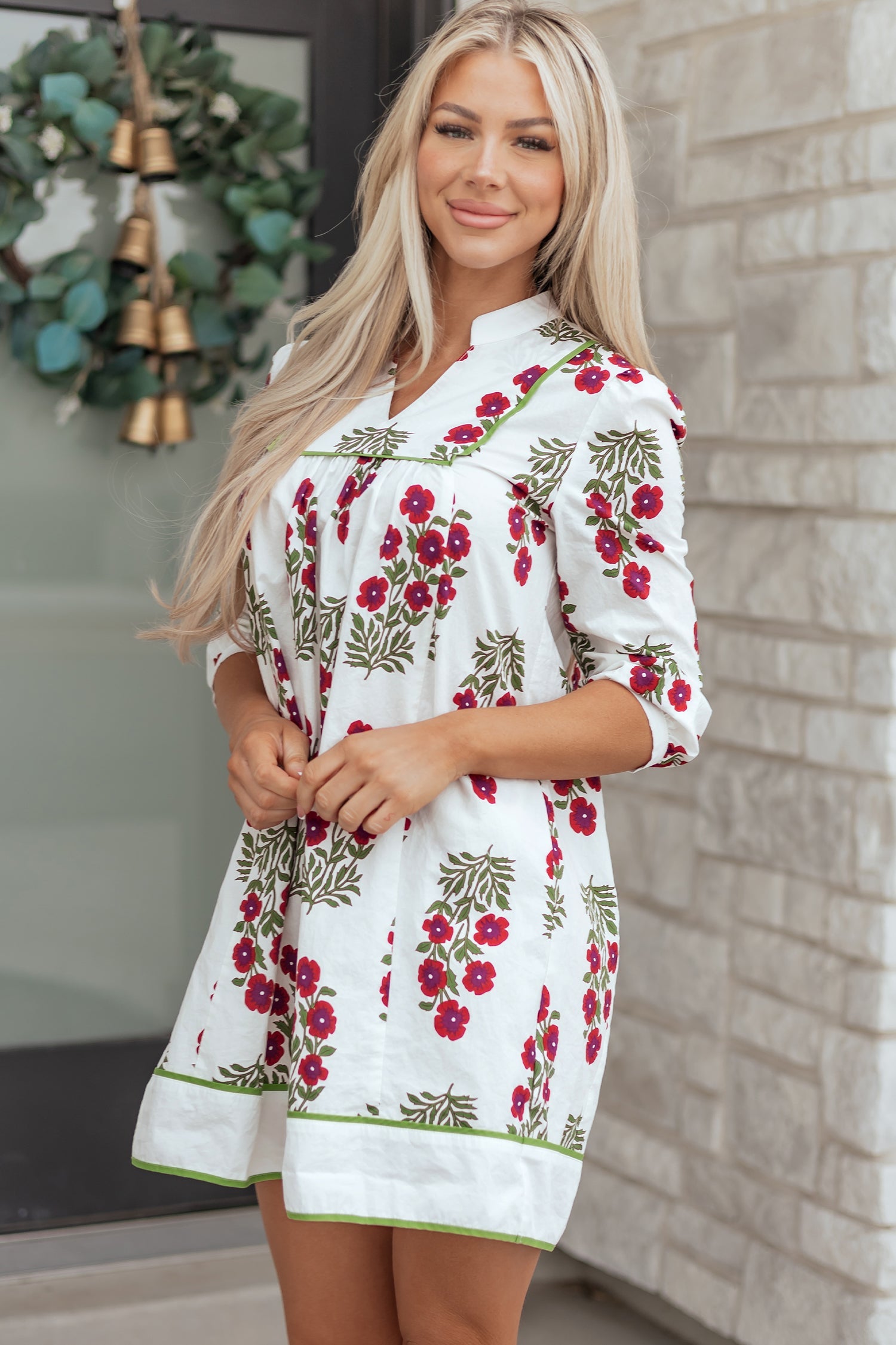Frilled Sleeve V-Neck 3/4 Loose Floral Dress in White