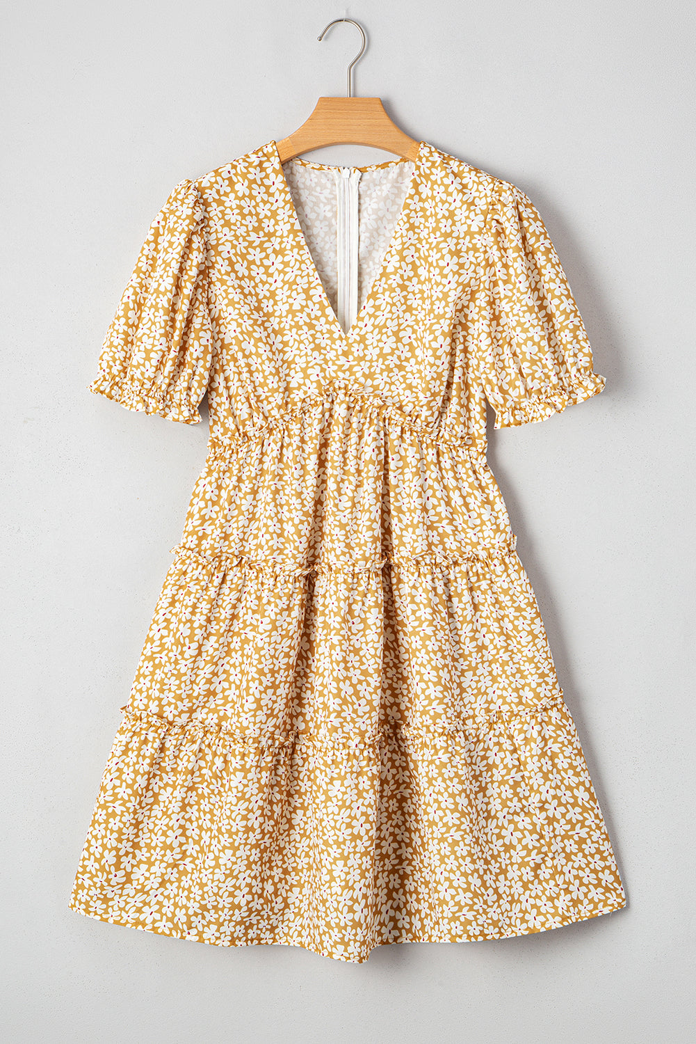 Floral Short Sleeve V Neck Frilly Tiered Mini Dress