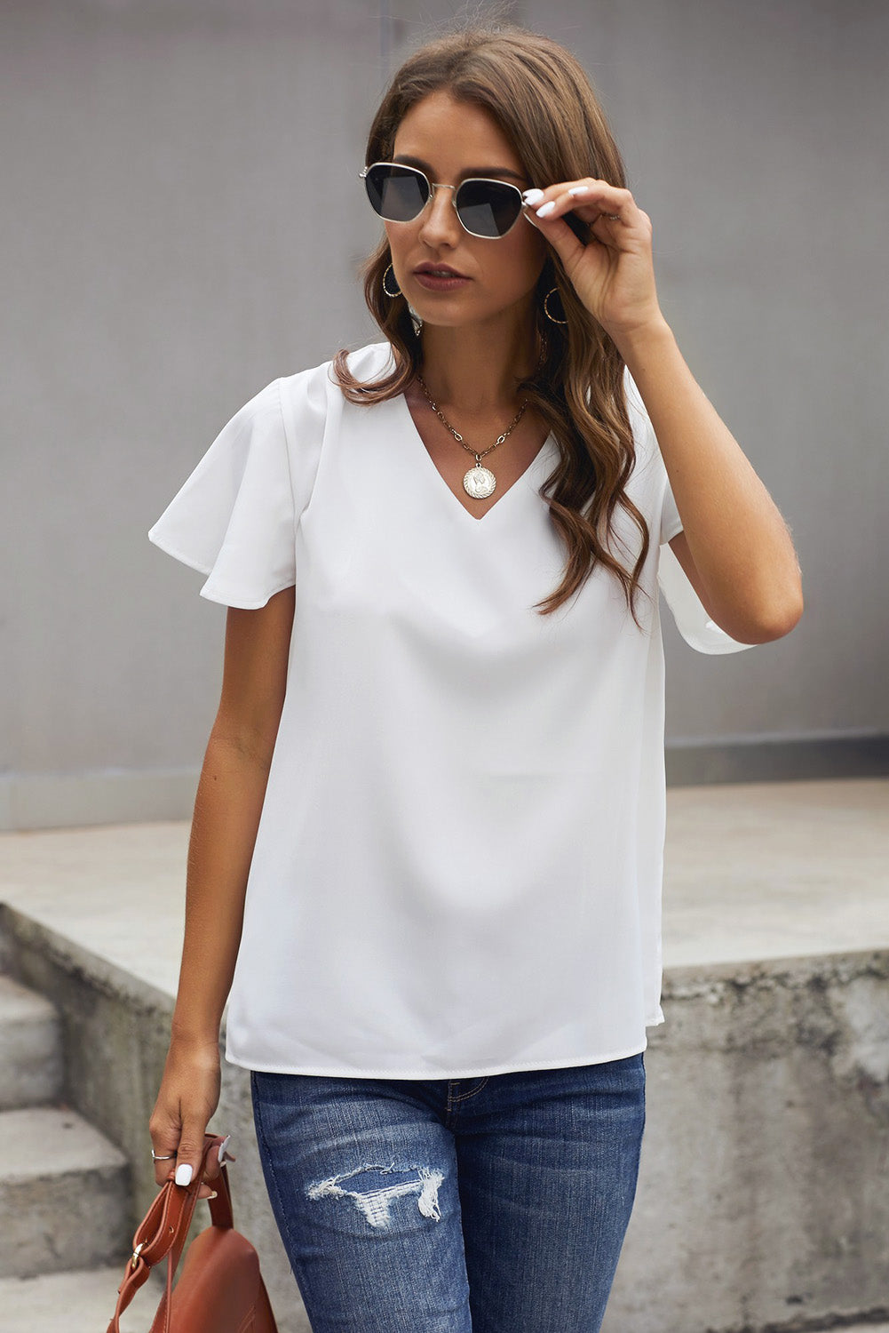 T-shirt for Women Short-Sleeve White V Neck