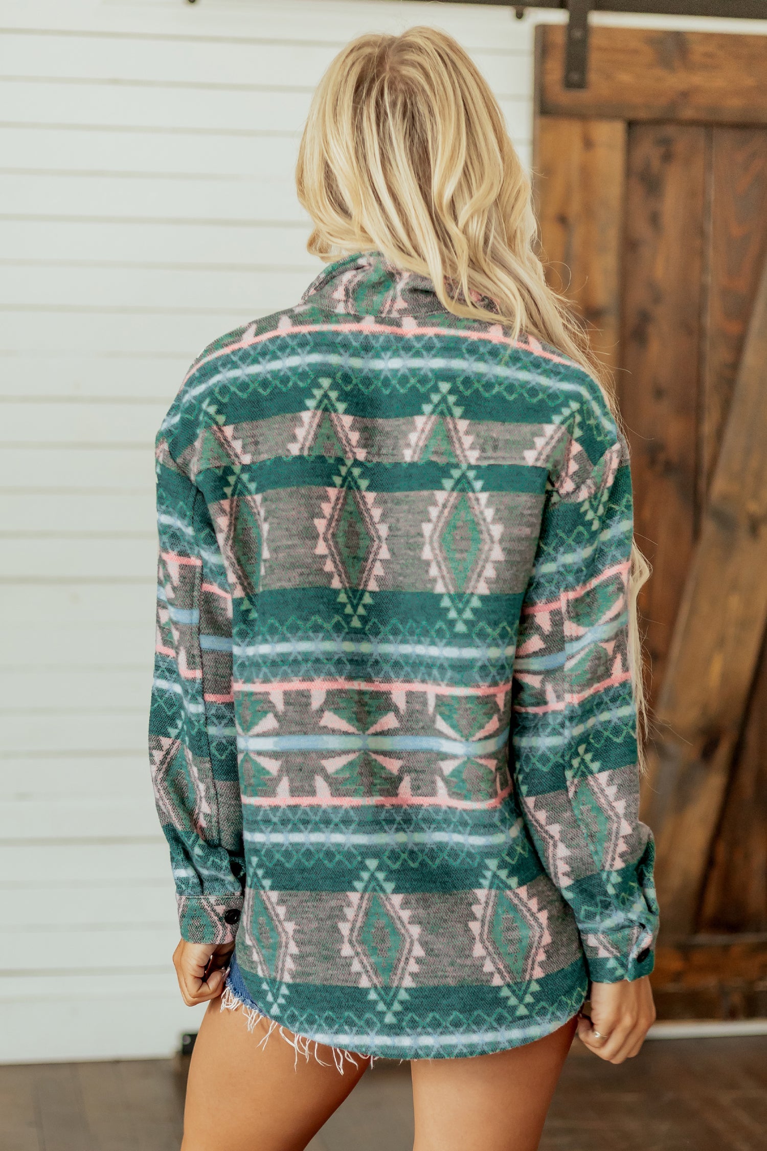 Geometric Print Button Front Long-Sleeved Shacket in Green