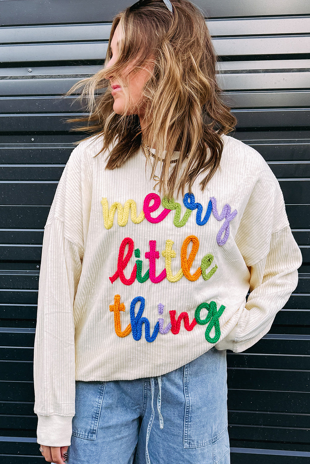 little thing merry thing Corded Letter Graphic Rib-Knit Loose Sweatshirt