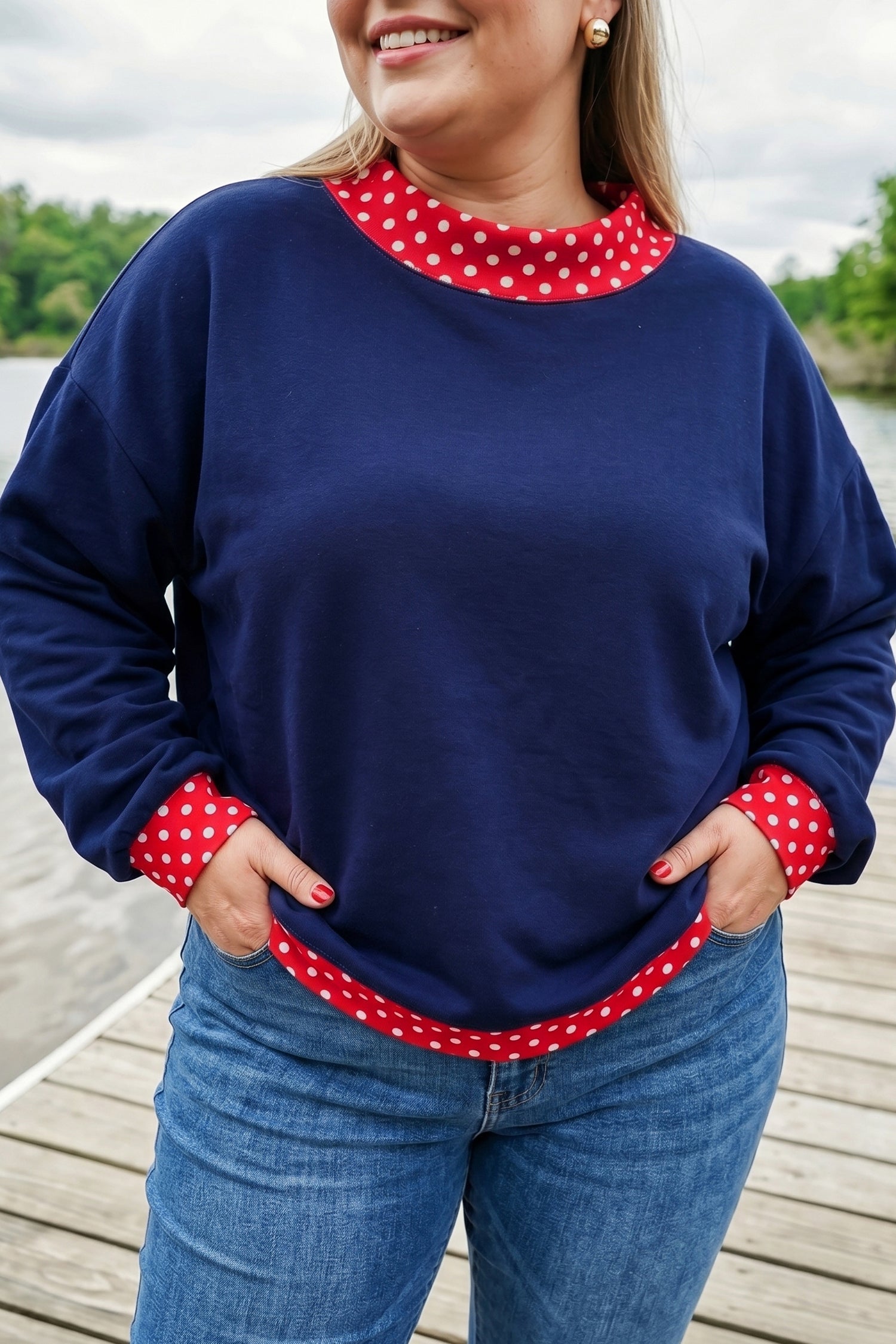 Polka-Dot Dirty blue Patchwork Plus Size Sweatshirt