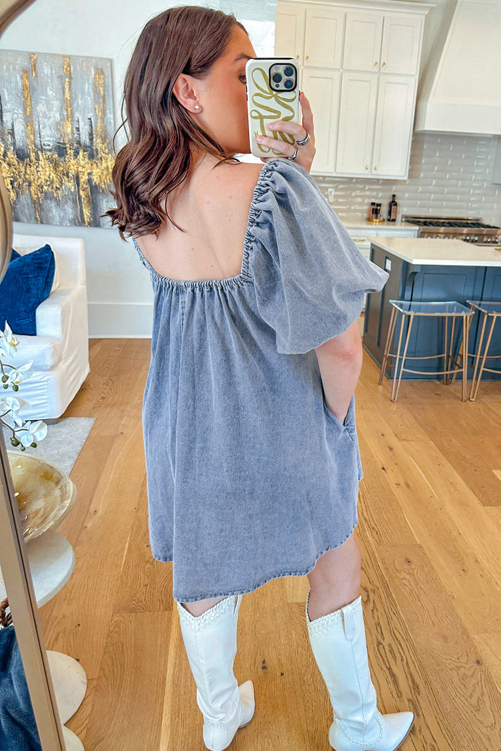 Bubble Neck Sleeve Square Denim Babydoll Dress