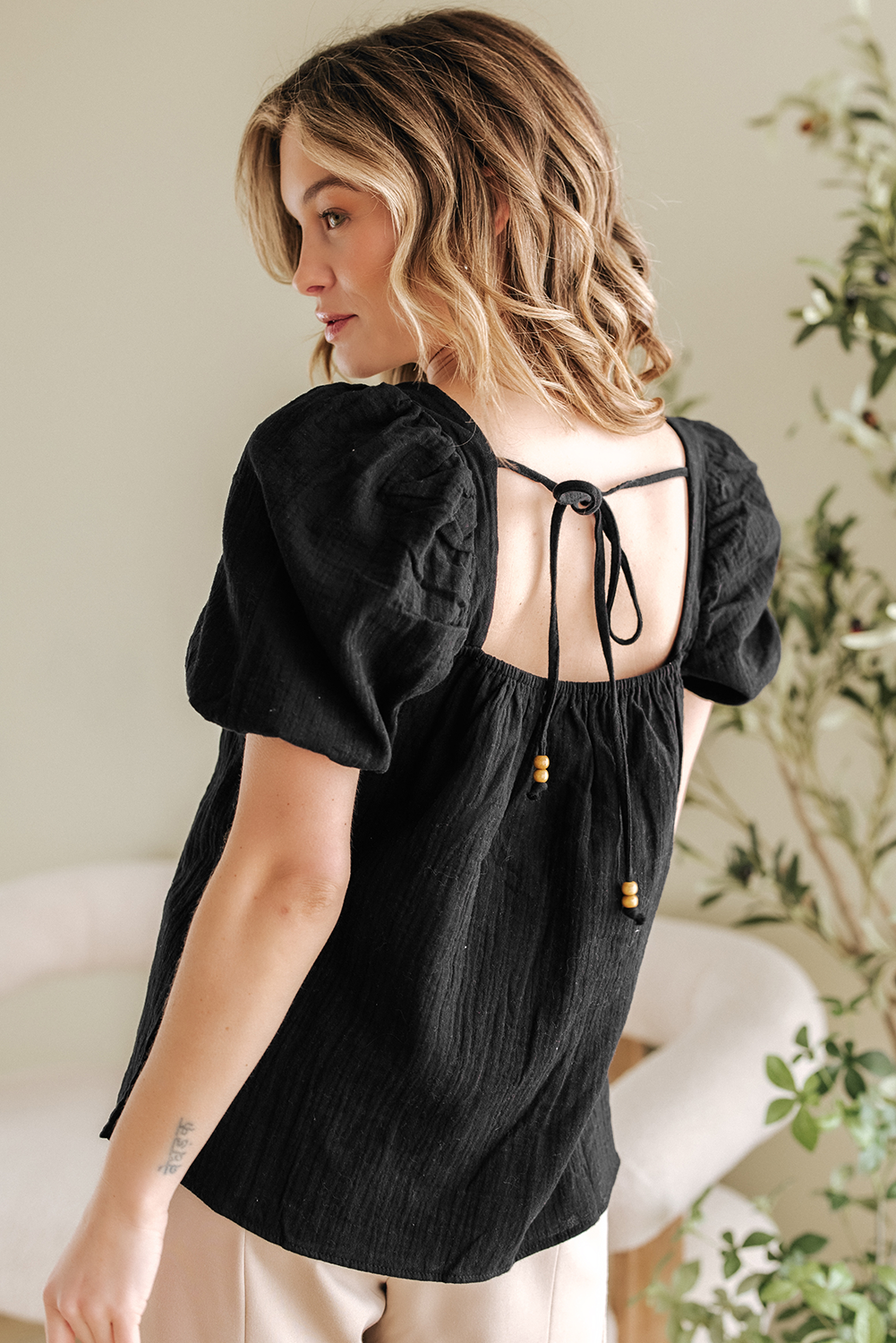 Flower Crochet Square Neck Textured Short Sleeve Blouse