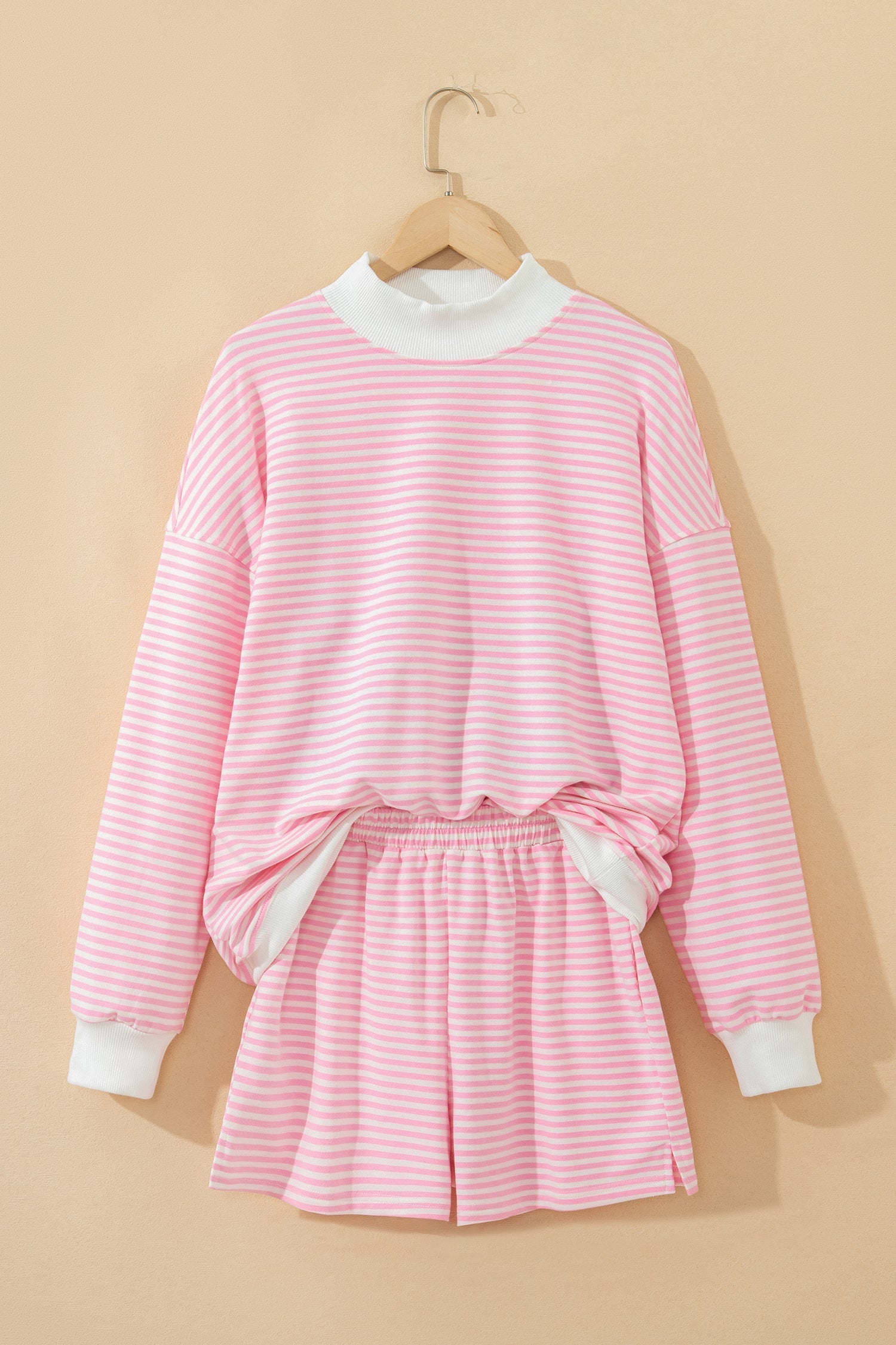 Stripe Sweatshirt Oversize Mock-Neck and Shorts Set in Pink