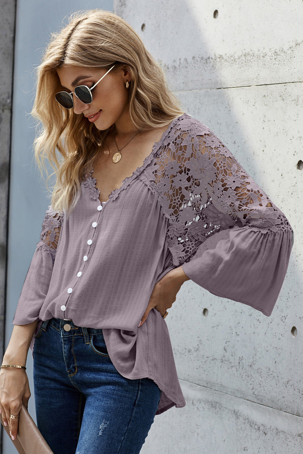 Women's Top with Crochet Lace-Trimmed Button Blouse Chic Purple