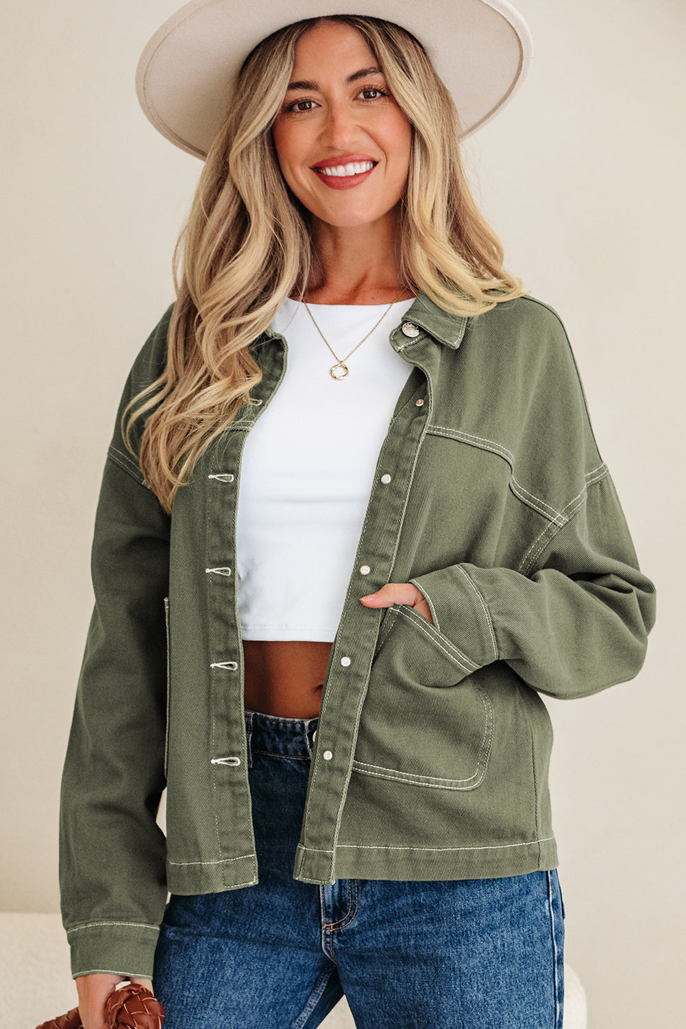 Collared Patched Pocket Button Front Boyfriend Denim Jacket