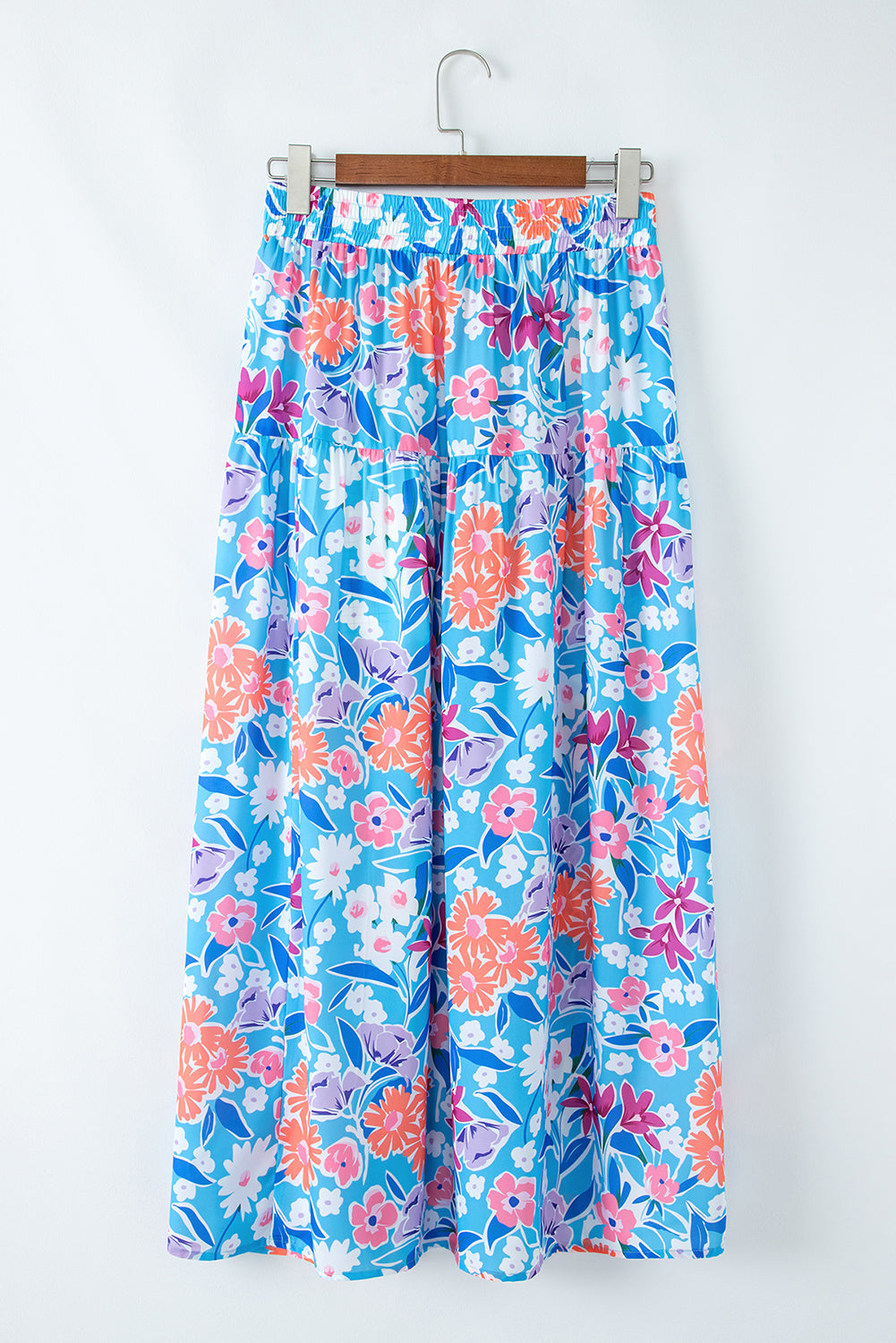 Polished Floral Sky Blue Printed High-Waisted Split Wrap Long Skirt